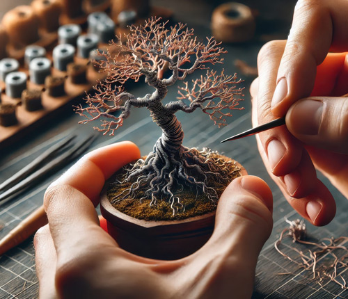 Ein Paar Hände formt sorgfältig einen filigranen Bonsai-Baum. Im Hintergrund liegen Werkzeuge und Materialien, die für die Bearbeitung verwendet werden.